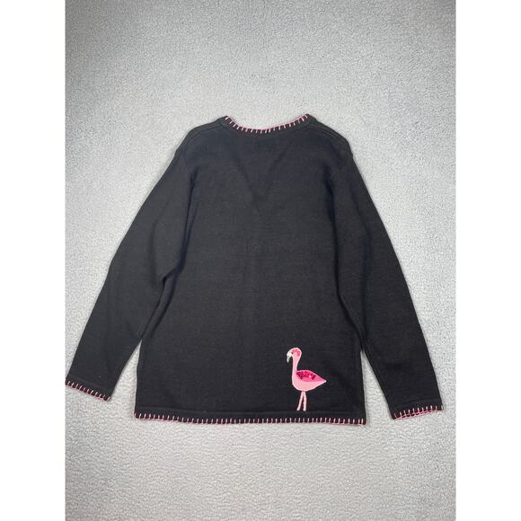 The Quacker Factory Black Cardigan Sweater with Flamingos Palm Trees Size S - Picture 2 of 11